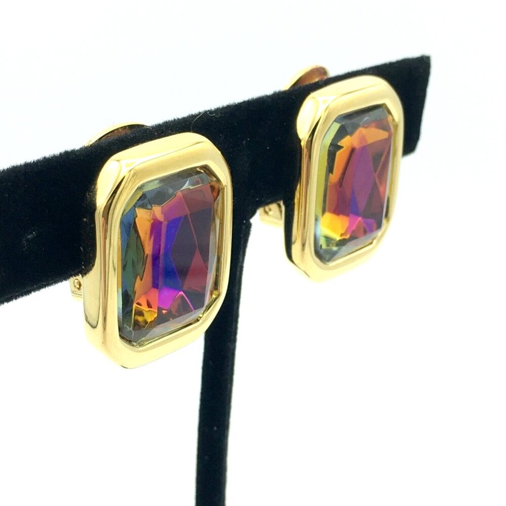 KENNETH JAY LANE multicolor rhinestone clip earrings - vtg gold-tone rectangular - Picture 2 of 9